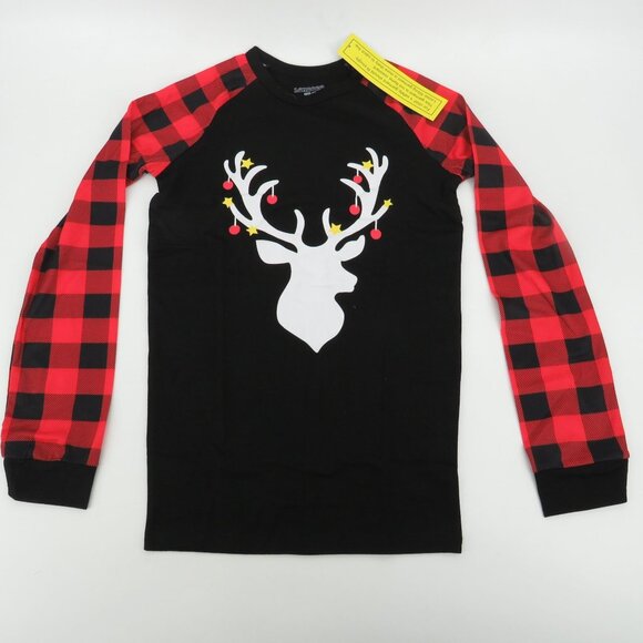 Loncoco Kids Red & Black Plaid Pajama Set Festive Reindeer Long Sleeve 16T - Picture 2 of 5